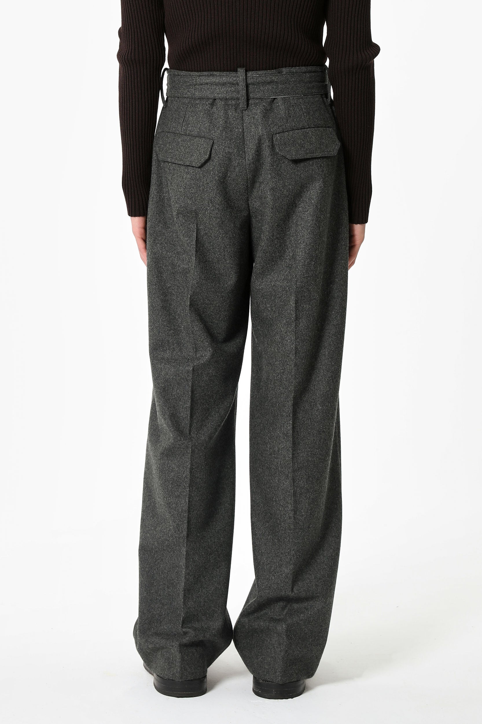 BELTED WIDE-LEG FLANNEL TROUSERS