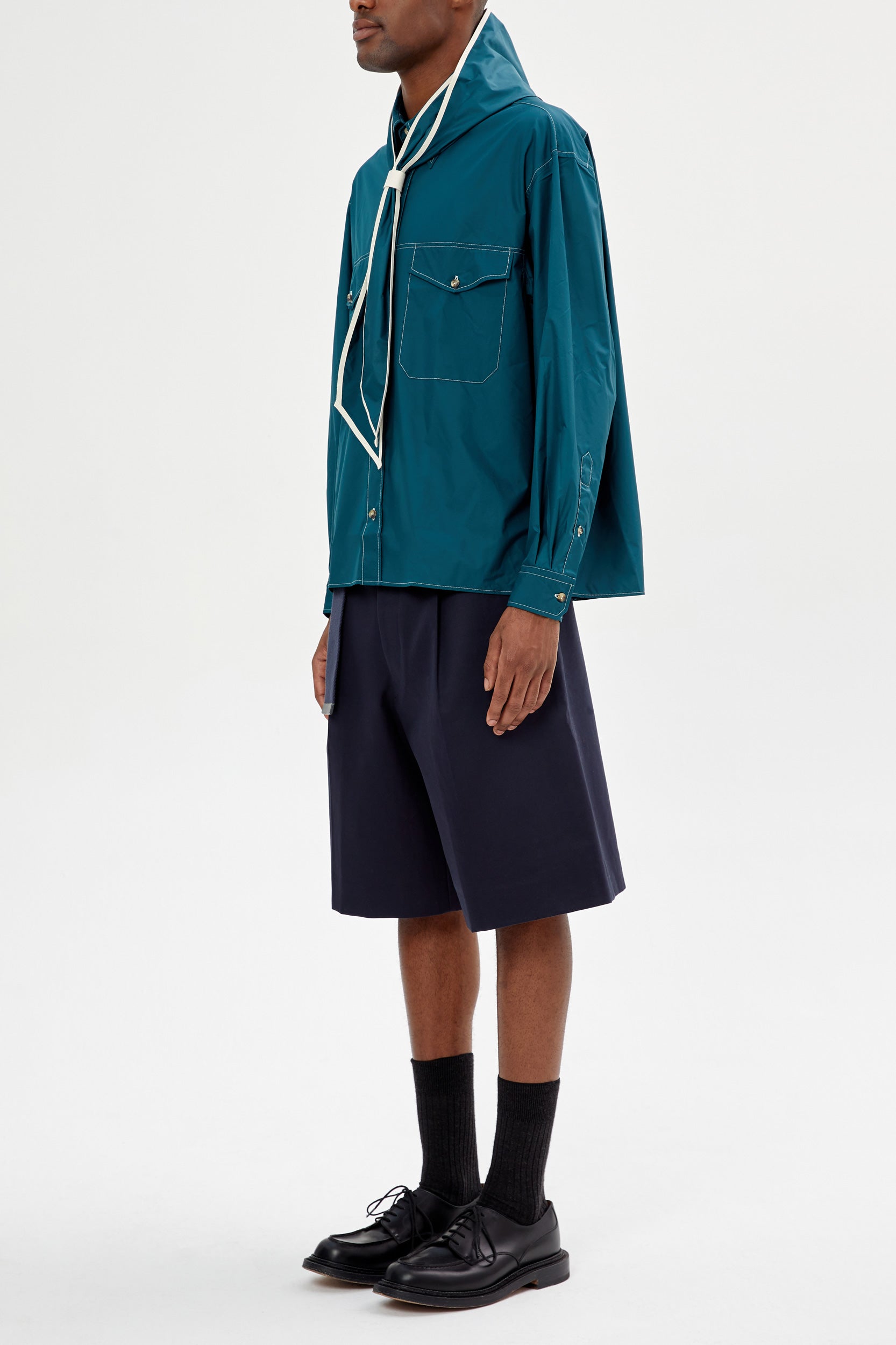OVERSIZE BOXY NYLON SHIRT WITH BRAIDED HOOD